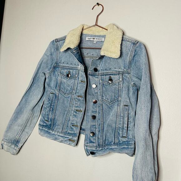 Rebecca Minkoff Light Blue Faux Fur Collar Clark Studded Denim Jacket Size XS - Picture 3 of 13